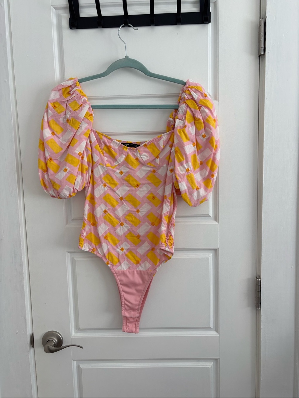 Zara Pink & Yellow Puff-Sleeve Square-Neck Bodysuit